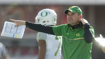 Nov 19, 2016; Salt Lake City, UT, USA; Oregon Ducks head coach Mark Helfrich reacts during the first half against the Utah Utes at Rice-Eccles Stadium. Mandatory Credit: Russ Isabella-USA TODAY Sports