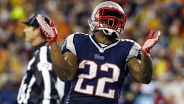 Jan 11, 2014; Foxborough, MA, USA; New England Patriots running back Stevan Ridley (22) celebrates after a touchdown against the Indianapolis Colts in the second half during the 2013 AFC divisional playoff football game at Gillette Stadium. Mandatory Credit: David Butler II-USA TODAY Sports