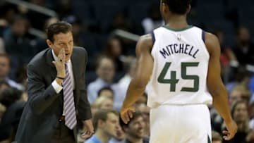 CHARLOTTE, NC - JANUARY 12: Head coach Quin Snyder talks to Donovan Mitchell #45 of the Utah Jazz during their game against the Charlotte Hornets at Spectrum Center on January 12, 2018 in Charlotte, North Carolina. (Photo by Streeter Lecka/Getty Images)