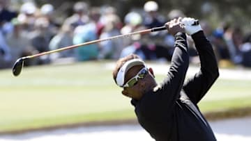 Apr 9, 2016; Augusta, GA, USA; Thongchai Jaidee hits his tee shot on the 3rd hole during the third round of the 2016 The Masters golf tournament at Augusta National Golf Club. Mandatory Credit: Michael Madrid-USA TODAY Sports
