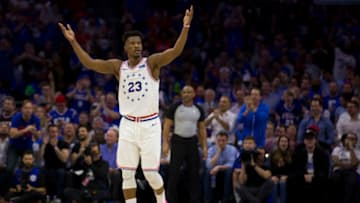 PHILADELPHIA, PA - MAY 02: Jimmy Butler #23 of the Philadelphia 76ers encourages the crowd to get loud against the Toronto Raptors in the second quarter of Game Three of the Eastern Conference Semifinals at the Wells Fargo Center on May 2, 2019 in Philadelphia, Pennsylvania. NOTE TO USER: User expressly acknowledges and agrees that, by downloading and or using this photograph, User is consenting to the terms and conditions of the Getty Images License Agreement. (Photo by Mitchell Leff/Getty Images)