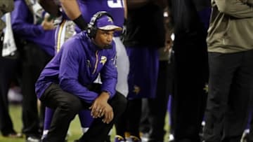 Nov 7, 2013; Minneapolis, MN, USA; Minnesota Vikings head coach Leslie Frazier watches as his team plays the Washington Redskins at Mall of America Field at H.H.H. Metrodome. The Vikings win 34-27. Mandatory Credit: Bruce Kluckhohn-USA TODAY Sports