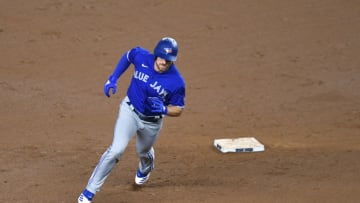 NEW YORK, NEW YORK - SEPTEMBER 15: Derek Fisher #23 of the Toronto Blue Jays rounds the bases during the ninth inning against the New York Yankees at Yankee Stadium on September 15, 2020 in the Bronx borough of New York City. The Yankees won 20-6. (Photo by Sarah Stier/Getty Images)