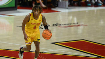 Nov 11, 2021; College Park, Maryland, USA; Maryland Terrapins guard Fatts Russell (4) dribbles during the scene half against the George Washington Colonials at Xfinity Center. Mandatory Credit: Tommy Gilligan-USA TODAY Sports