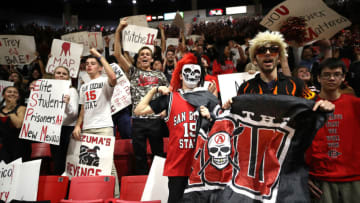 SAN DIEGO, CALIFORNIA - FEBRUARY 11: Fans of San Diego State Aztecs cheer during the first half of a game against the New Mexico Lobos at Viejas Arena on February 11, 2020 in San Diego, California. (Photo by Sean M. Haffey/Getty Images)
