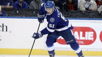 Jan 9, 2014; Tampa, FL, USA; Tampa Bay Lightning center Valtteri Filppula (51) skates with the puck against the Washington Capitals during the second period at Tampa Bay Times Forum. Mandatory Credit: Kim Klement-USA TODAY Sports