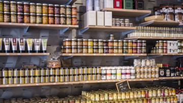 FRANCE - JULY 04: Dijon mustard and speciality food for sale in La Fabrique Bouchons shop in old town in Dijon, Burgundy region, France (Photo by Tim Graham/Getty Images)