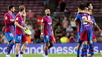 BARCELONA, SPAIN - AUGUST 15: Memphis Depay of FC Barcelona during the La Liga Santander match between FC Barcelona v Real Sociedad at the Camp Nou on August 15, 2021 in Barcelona Spain (Photo by David S. Bustamante/Soccrates/Getty Images)