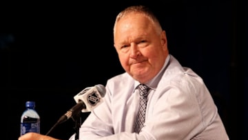 ANAHEIM, CA - APRIL 14: Head coach Randy Carlyle of the Anaheim Ducks talks during a post-game interview following Game Two of the Western Conference First Round against the San Jose Sharks during the 2018 NHL Stanley Cup Playoffs at Honda Center on April 14, 2018 in Anaheim, California. (Photo by Debora Robinson/NHLI via Getty Images)