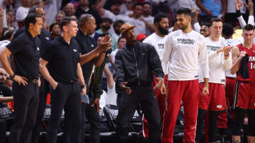 Jimmy Butler #22 of the Miami Heat reacts on the bench against the Atlanta Hawks(Photo by Michael Reaves/Getty Images)