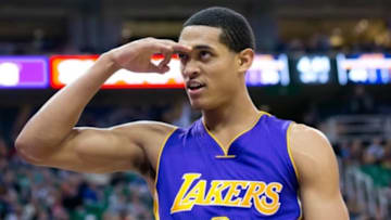 Feb 25, 2015; Salt Lake City, UT, USA; Los Angeles Lakers guard Jordan Clarkson (6) reacts to dunking the ball during the first half against the Utah Jazz at EnergySolutions Arena. Mandatory Credit: Russ Isabella-USA TODAY Sports
