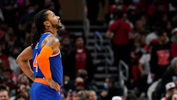 CHICAGO, ILLINOIS - NOVEMBER 21: Derrick Rose #4 of the New York Knicks in action against the Chicago Bulls in the first half at United Center on November 21, 2021 in Chicago, Illinois. NOTE TO USER: User expressly acknowledges and agrees that, by downloading and or using this photograph, user is consenting to the terms and conditions of the Getty Images License Agreement. (Photo by Patrick McDermott/Getty Images)