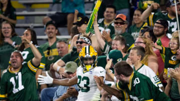 Green Bay Packers wide receiver Samori Toure (83) Lambeau leaps into the crowd at Packers Family Night on Friday, Aug. 5, 2022, at Lambeau Field in Green Bay, Wis. Samantha Madar/USA TODAY NETWORK-Wis.Gpg Family Night 08052022 0002