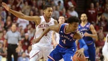 Feb 13, 2016; Norman, OK, USA; Kansas Jayhawks guard Devonte