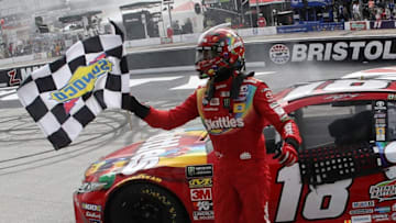 BRISTOL, TN - APRIL 07: Kyle Busch, driver of the #18 Skittles Toyota, celebrates after winning the Monster Energy NASCAR Cup Series Food City 500 at Bristol Motor Speedway on April 7, 2019 in Bristol, Tennessee. (Photo by Chris Graythen/Getty Images)