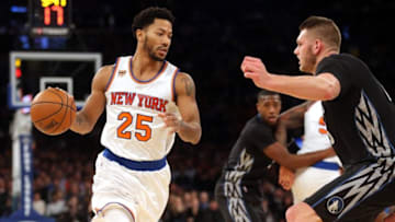 Dec 2, 2016; New York, NY, USA; New York Knicks point guard Derrick Rose (25) controls the ball against Minnesota Timberwolves center Cole Aldrich (45) during the fourth quarter at Madison Square Garden. Mandatory Credit: Brad Penner-USA TODAY Sports