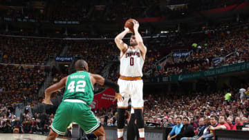 CLEVELAND, OH - MAY 21: Kevin Love #0 of the Cleveland Cavaliers shoots the ball during the game against Al Horford #42 of the Boston Celtics in Game Three of the Eastern Conference Finals during the 2017 NBA Playoffs on May 21, 2017 at Quicken Loans Arena in Cleveland, Ohio. NOTE TO USER: User expressly acknowledges and agrees that, by downloading and or using this Photograph, user is consenting to the terms and conditions of the Getty Images License Agreement. Mandatory Copyright Notice: Copyright 2017 NBAE (Photo by Nathaniel S. Butler/NBAE via Getty Images)