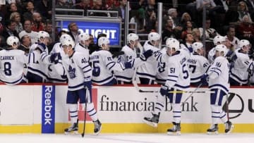 Oct 22, 2016; Chicago, IL, USA; Toronto Maple Leafs center Tyler Bozak (42) celebrates with teammates after his goal against the Chicago Blackhawks in the first period at United Center. Mandatory Credit: Matt Marton-USA TODAY Sports