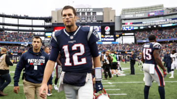 FOXBORO, MA - OCTOBER 29: Tom Brady #12 of the New England Patriots exits the field after the Patriots 21-13 win over the Los Angeles Chargers at Gillette Stadium on October 29, 2017 in Foxboro, Massachusetts. (Photo by Maddie Meyer/Getty Images)