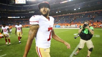 Aug 29, 2015; Denver, CO, USA; San Francisco 49ers quarterback Colin Kaepernick (7) walks off the field after the game against the Denver Broncos at Sports Authority Field at Mile High. The Broncos won 19-12. Mandatory Credit: Chris Humphreys-USA TODAY Sports