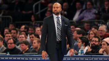 Jan 26, 2016; New York, NY, USA; New York Knicks head coach Derek Fisher coaches against the Oklahoma City Thunder during the first quarter at Madison Square Garden. Mandatory Credit: Brad Penner-USA TODAY Sports