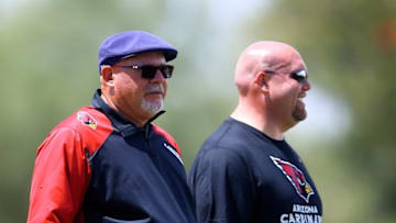 May 6, 2016; Tempe, AZ, USA; Arizona Cardinals head coach Bruce Arians (left) with general manager Steve Keim during rookie minicamp at the Cardinals Training Facility. Mandatory Credit: Mark J. Rebilas-USA TODAY Sports