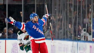 NEW YORK, NY - NOVEMBER 25: Tony DeAngelo #77 of the New York Rangers reacts after scoring the game winning goal in overtime against the Minnesota Wild at Madison Square Garden on November 25, 2019 in New York City. (Photo by Jared Silber/NHLI via Getty Images)