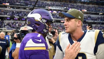 MINNEAPOLIS, MN - NOVEMBER 19: Case Keenum #7 of the Minnesota Vikings and Jared Goff #16 of the Los Angeles Rams greet each other after the game on November 19, 2017 at U.S. Bank Stadium in Minneapolis, Minnesota. The Vikings defeated the Rams 24-7. (Photo by Hannah Foslien/Getty Images)