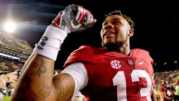 Nov 5, 2016; Baton Rouge, LA, USA; Alabama Crimson Tide wide receiver ArDarius Stewart (13) celebrates after a win against the LSU Tigers in a game at Tiger Stadium. Alabama defeated LSU 10-0. Mandatory Credit: Derick E. Hingle-USA TODAY Sports