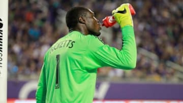 Apr 26, 2015; Orlando, FL, USA; Orlando City SC goalkeeper Donovan Ricketts (1) drinks from the water bottle during the second half against the Toronto FC at Orlando Citrus Bowl Stadium. Toronto FC defeated the Orlando City SC 2-0. Mandatory Credit: Kim Klement-USA TODAY Sports