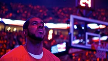 Apr 27, 2015; Portland, OR, USA; Portland Trail Blazers forward LaMarcus Aldridge (12) before game four against the Memphis Grizzlies in the first round of the NBA Playoffs at the Moda Center. Mandatory Credit: Craig Mitchelldyer-USA TODAY Sports