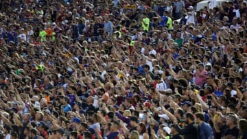 July 21, 2015; Los Angeles, CA, USA; Spectators take pictures as Barcelona and Los Angeles Galaxy players walk out in the processional before the first half at Rose Bowl. Mandatory Credit: Gary A. Vasquez-USA TODAY Sports