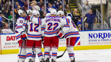 BRIDGEPORT, CT - SEPTEMBER 22: The Rangers celebrate a goal by New York Rangers Winger Cody McLeod #8 during the first period of a preseason NHL game between the New York Rangers and the New York Islanders on September 22, 2018, at Webster Bank Arena in Bridgeport, CT. (Photo by David Hahn/Icon Sportswire via Getty Images)