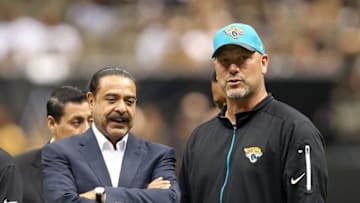 Dec 27, 2015; New Orleans, LA, USA; Jacksonville Jaguars owner Shahid Khan talks to head coach Gus Bradley before the start of their game against the New Orleans Saints at the Mercedes-Benz Superdome. Mandatory Credit: Chuck Cook-USA TODAY Sports