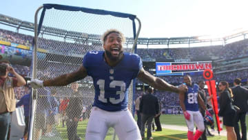 Oct 16, 2016; East Rutherford, NJ, USA; New York Giants wide receiver Odell Beckham Jr. (13) reacts after scoring a touchdown against the Baltimore Ravens during the fourth quarter at MetLife Stadium. Mandatory Credit: Brad Penner-USA TODAY Sports