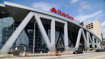 Mar 14, 2020; Atlanta, Georgia, USA; General view of State Farm Arena where a game between the Cleveland Cavaliers and Atlanta Hawks was cancelled after the NBA season was suspended due to the COVID-19 Coronavirus. Mandatory Credit: Brett Davis-USA TODAY Sports