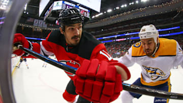 NEWARK, NJ - OCTOBER 25: New Jersey Devils center Brian Boyle (11) skates during the National Hockey League Game between the New Jersey Devils and the Nashville Predators on October 25, 2018 at the Prudential Center in Newark, NJ. (Photo by Rich Graessle/Icon Sportswire via Getty Images)
