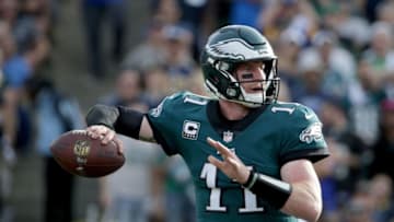 LOS ANGELES, CA - DECEMBER 10: Quarterback Carson Wentz #11 of the Philadelphia Eagles drops back to pass against the Los Angeles Rams during the second quarter at Los Angeles Memorial Coliseum on December 10, 2017 in Los Angeles, California. The Eagles defeated the Rams 43-35. (Photo by Jeff Gross/Getty Images)