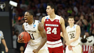 Mar 25, 2016; Philadelphia, PA, USA; Notre Dame Fighting Irish guard Demetrius Jackson (11) reacts against the Wisconsin Badgers during the second half in a semifinal game in the East regional of the NCAA Tournament at Wells Fargo Center. Mandatory Credit: Bill Streicher-USA TODAY Sports