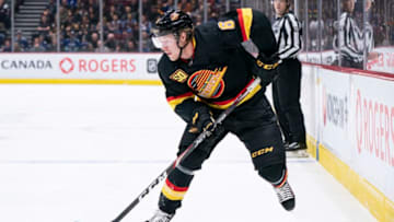 VANCOUVER, BC - NOVEMBER 16: Brock Boeser #6 of the Vancouver Canucks skates with the puck during NHL action against the Colorado Avalanche at Rogers Arena on November 16, 2019 in Vancouver, Canada. (Photo by Rich Lam/Getty Images)