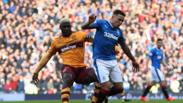 GLASGOW, SCOTLAND - OCTOBER 22: James Tavernier of Rangers vies with Cedric Kipre of Motherwell during the Betfred League Cup Semi Final between Rangers and Motherwell at Hampden Park on October 22, 2017 in Glasgow, Scotland. (Photo by Ian MacNicol/Getty Images)