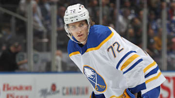 TORONTO, ON - APRIL 12: Tage Thompson #72 of the Buffalo Sabres waits for a faceoff against the Toronto Maple Leafs during an NHL game at Scotiabank Arena on April 12, 2022 in Toronto, Ontario, Canada. The Sabres defeated the Maple Leafs 5-2. (Photo by Claus Andersen/Getty Images)