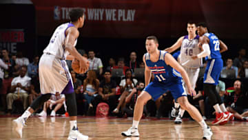 LAS VEGAS, NV - JULY 9: Anthony Brown #3 of Los Angeles Lakers handles the ball during the game against Nik Stauskas #11 of Philadelphia 76ers during the 2016 NBA Las Vegas Summer League on July 9, 2016 at The Thomas & Mack Center in Las Vegas, Nevada. NOTE TO USER: User expressly acknowledges and agrees that, by downloading and or using this photograph, user is consenting to the terms and conditions of Getty Images License Agreement. Mandatory Copyright Notice: Copyright 2016 NBAE (Photo by Garrett Ellwood/NBAE via Getty Images)
