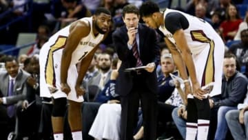 Jan 21, 2016; New Orleans, LA, USA; New Orleans Pelicans associate coach Darren Erman talks with forward Anthony Davis (23) and guard Tyreke Evans (1) during the first quarter of a game against the Detroit Pistons at the Smoothie King Center. Mandatory Credit: Derick E. Hingle-USA TODAY Sports