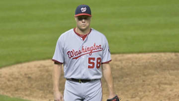 Jul 26, 2016; Cleveland, OH, USA; Washington Nationals relief pitcher Jonathan Papelbon (58) walks off the field during a pitching change in the ninth inning against the Cleveland Indians at Progressive Field. Mandatory Credit: David Richard-USA TODAY Sports