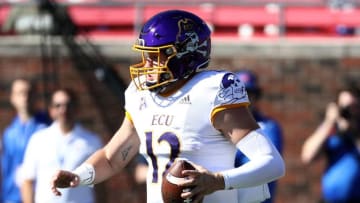 DALLAS, TEXAS - NOVEMBER 09: Holton Ahlers #12 of the East Carolina Pirates in the first half at Gerald J. Ford Stadium on November 09, 2019 in Dallas, Texas. (Photo by Ronald Martinez/Getty Images)