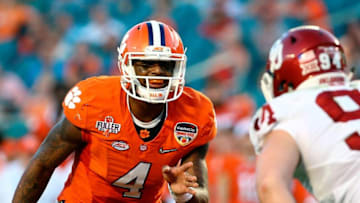 Dec 31, 2015; Miami Gardens, FL, USA; Clemson Tigers quarterback Deshaun Watson (4) at the line of scrimmage during the second quarter of the 2015 CFP semifinal against Oklahoma Sooners at the Orange Bowl at Sun Life Stadium. Mandatory Credit: Steve Mitchell-USA TODAY Sports