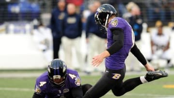 Nov 22, 2015; Baltimore, MD, USA; Baltimore Ravens kicker Justin Tucker (9) kicks the game winning field goal to beat the St. Louis Rams 16-13 at M&T Bank Stadium. Mandatory Credit: Evan Habeeb-USA TODAY Sports