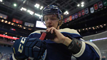 COLUMBUS, OH - OCTOBER 18: Artemi Panarin #9 of the Columbus Blue Jackets prepares his stick before a game against the Philadelphia Flyers on October 18, 2018 at Nationwide Arena in Columbus, Ohio. (Photo by Jamie Sabau/NHLI via Getty Images)