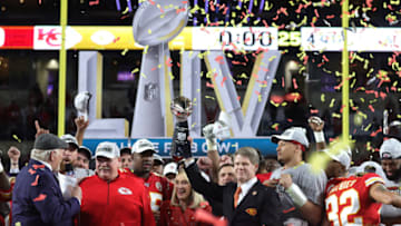 MIAMI, FLORIDA - FEBRUARY 02: Members of the Kansas City Chiefs celebrate after defeating the San Francisco 49ers 31-20 in Super Bowl LIV at Hard Rock Stadium on February 02, 2020 in Miami, Florida. (Photo by Jamie Squire/Getty Images)